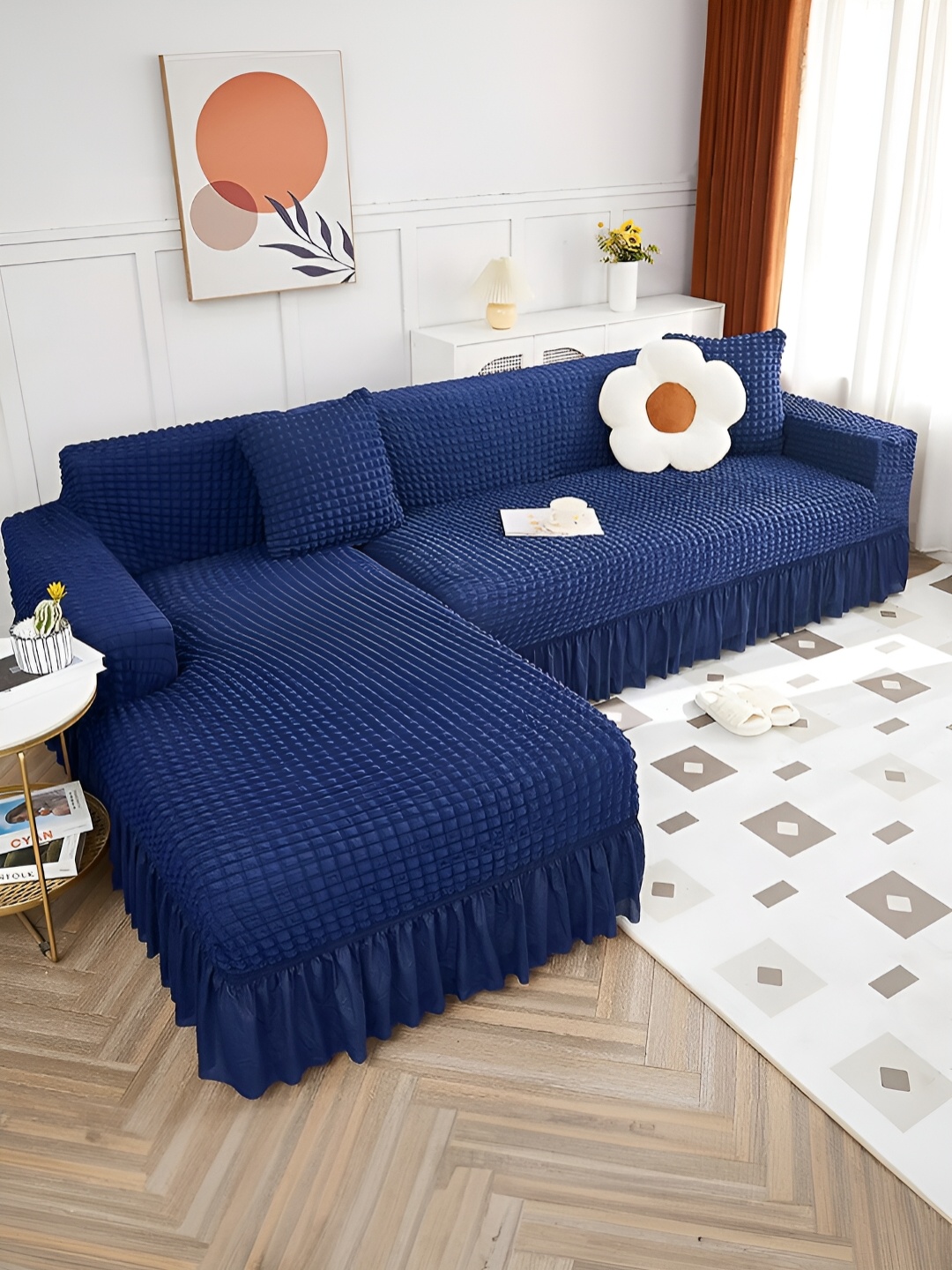 

Cortina Navy Blue 2 Pieces Elastic Stretchable 4 Seater L Shape Sofa Cover