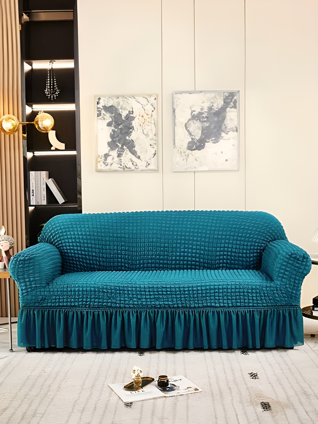 

Cortina Teal Elastic Stretchable Sofa Cover With Arms