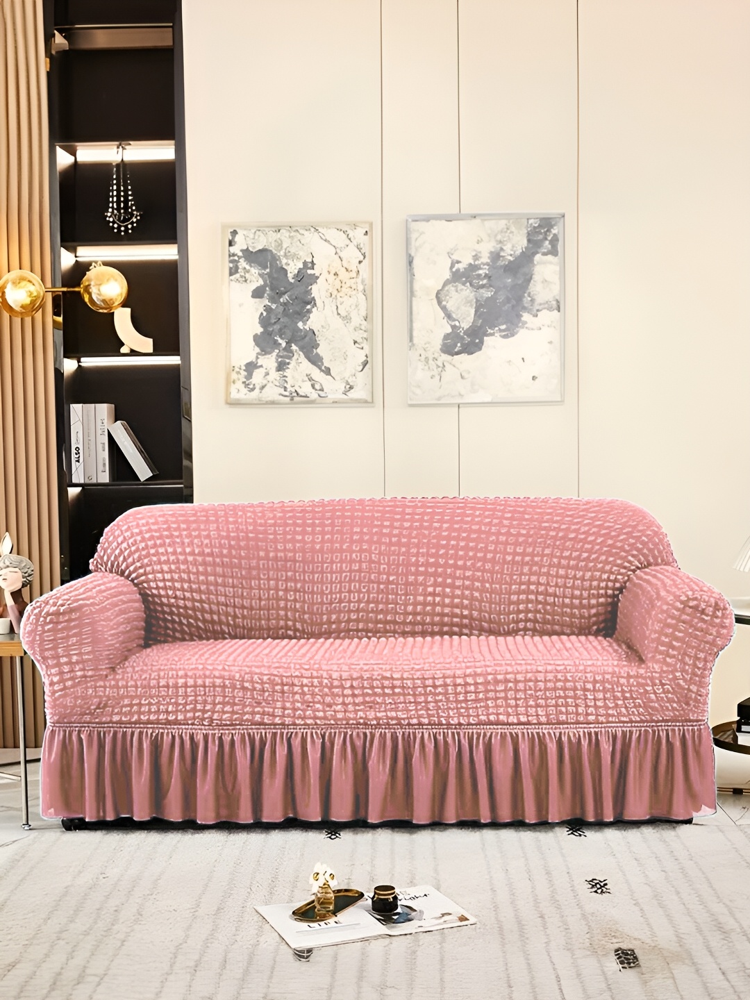 

Cortina Pink Elastic Stretchable Sofa Cover With Arms