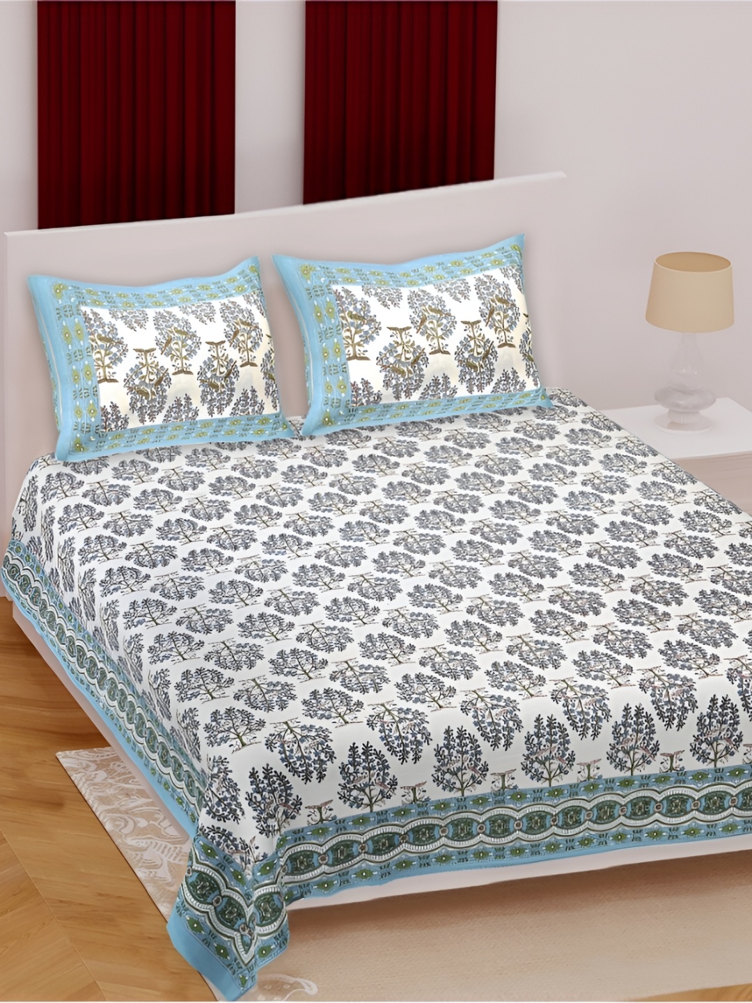 

INDHOME LIFE Turquoise Blue & White Floral 180 TC Queen Bedsheet With 2 Pillow Covers