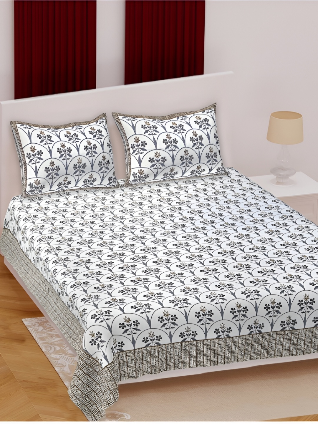 

INDHOME LIFE White & Green Floral 180 TC Cotton Queen Bedsheet With 2 Pillow Covers