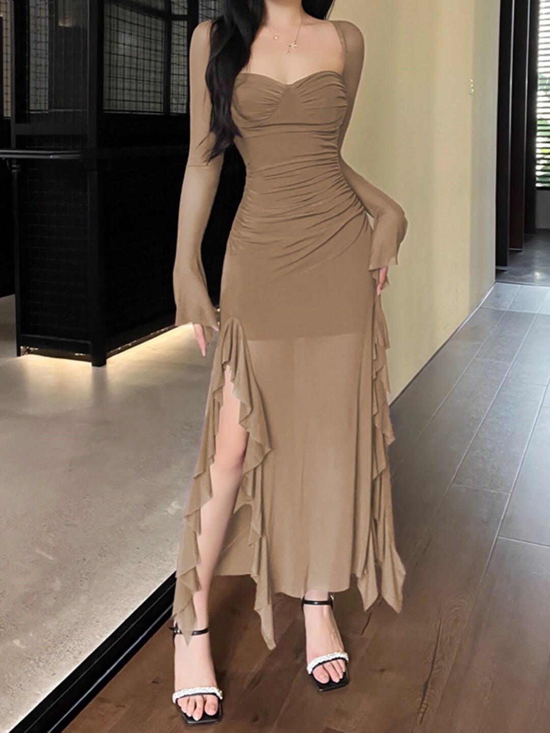 

Stylecast X KPOP Khaki Ruffles Detail Ruched Maxi Dress