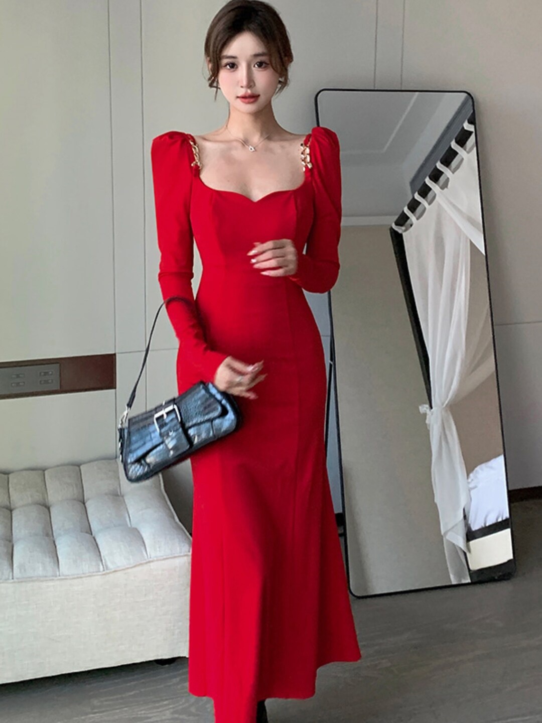 

Stylecast X KPOP Puff Sleeve Maxi Dress, Red