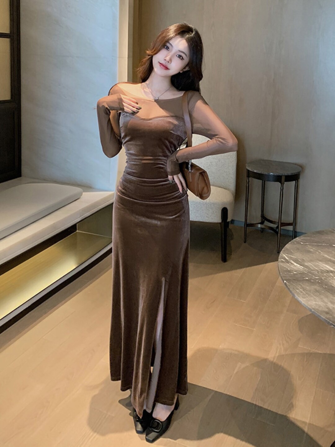 

Stylecast X KPOP Round Neck Maxi Bodycon Dress, Brown