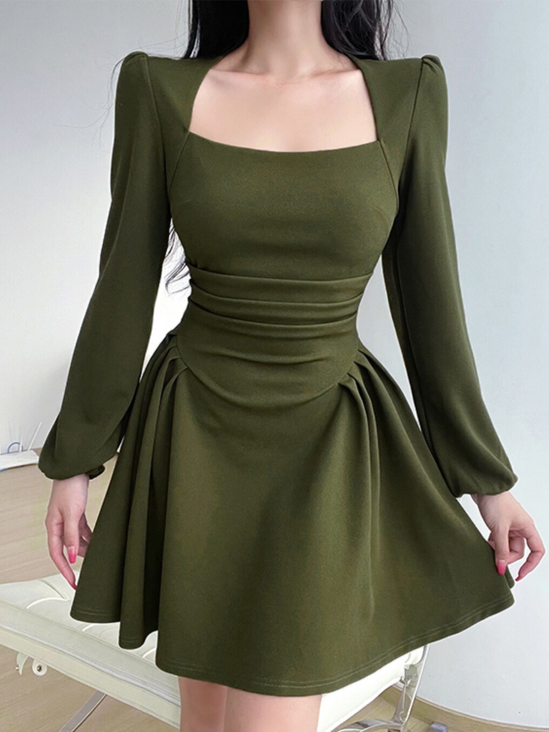 

Stylecast X KPOP Square Neck Puff Sleeves Fit & Flare Dress, Green