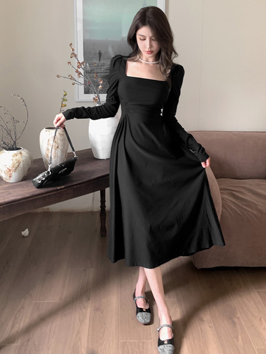 

Stylecast X KPOP Square Neck Puff Sleeves A-Line Midi Dress, Black