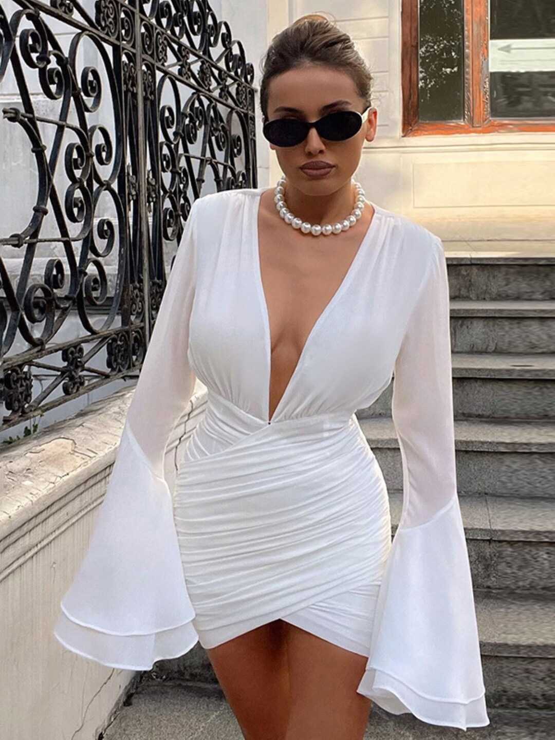 

Stylecast X KPOP Ruched Bell Sleeves Bodycon Mini Dress, White