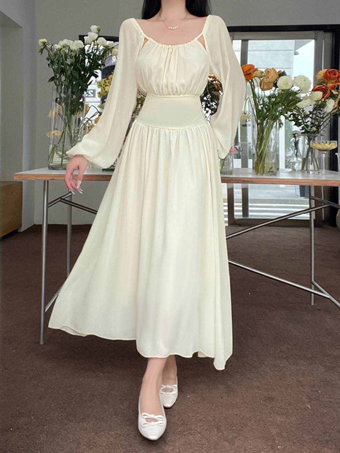 

Stylecast X KPOP Round Neck Puff Sleeve Fit & Flare Maxi A-Line Dress, Cream