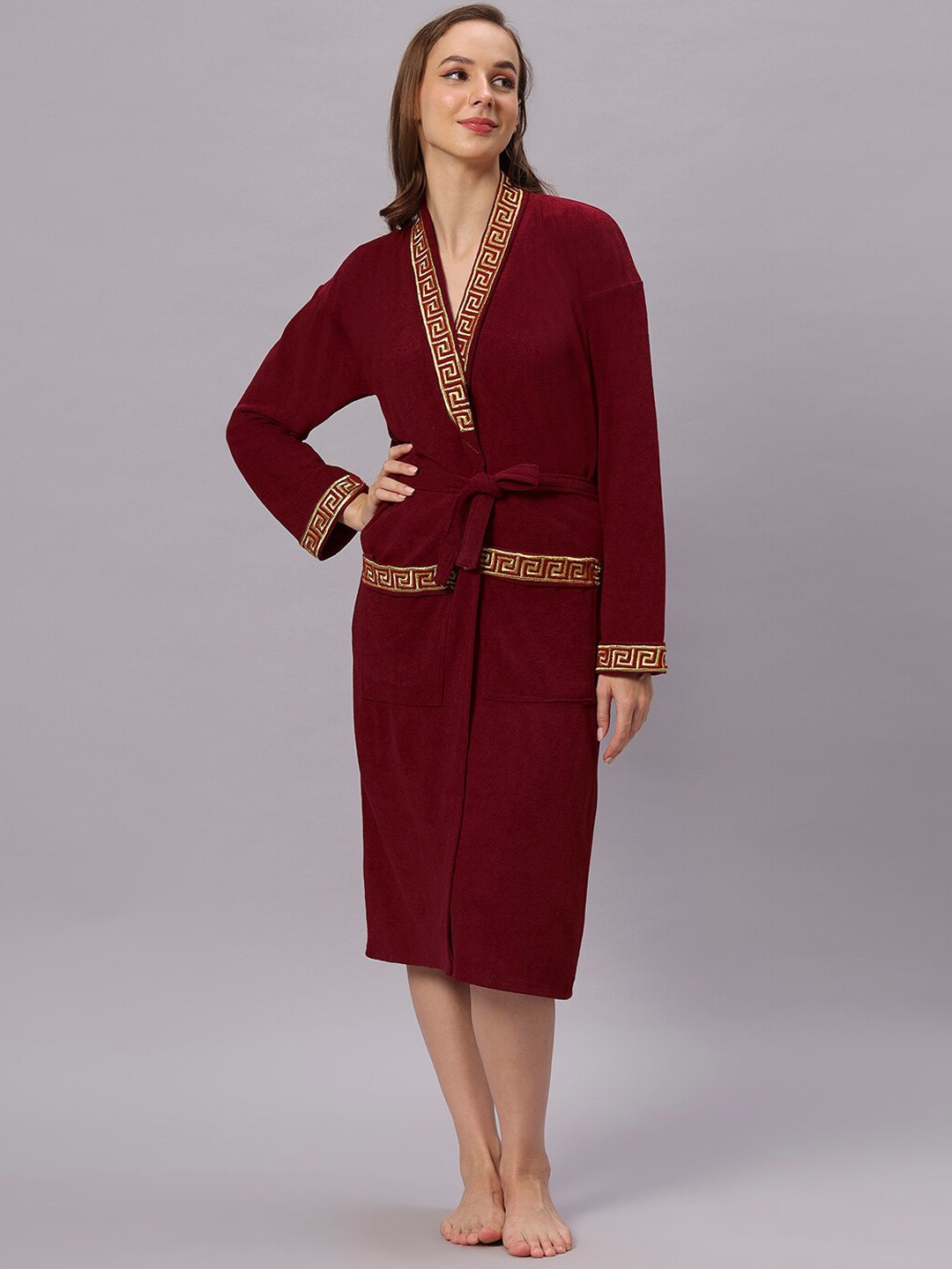 

HotGown Maroon & Gold Toned Embroidered Pure Micro Terry Bath Robe