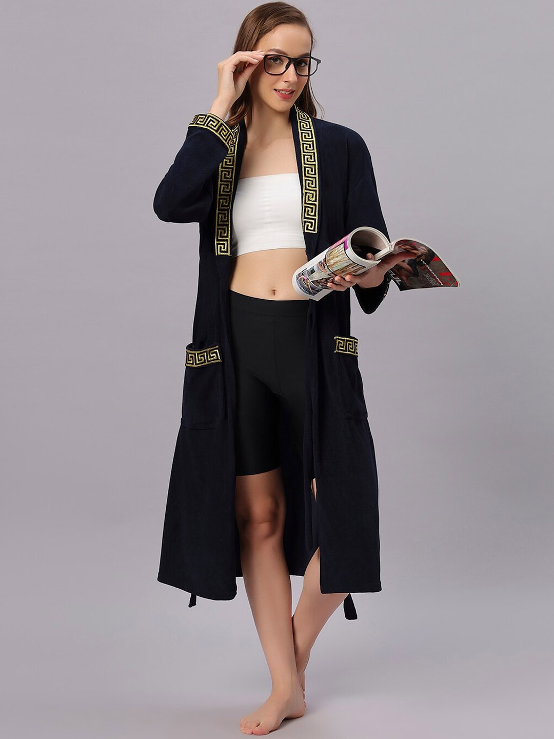 

HotGown Navy Blue & Gold Toned Embroidered Pure Micro Terry Bath Robe