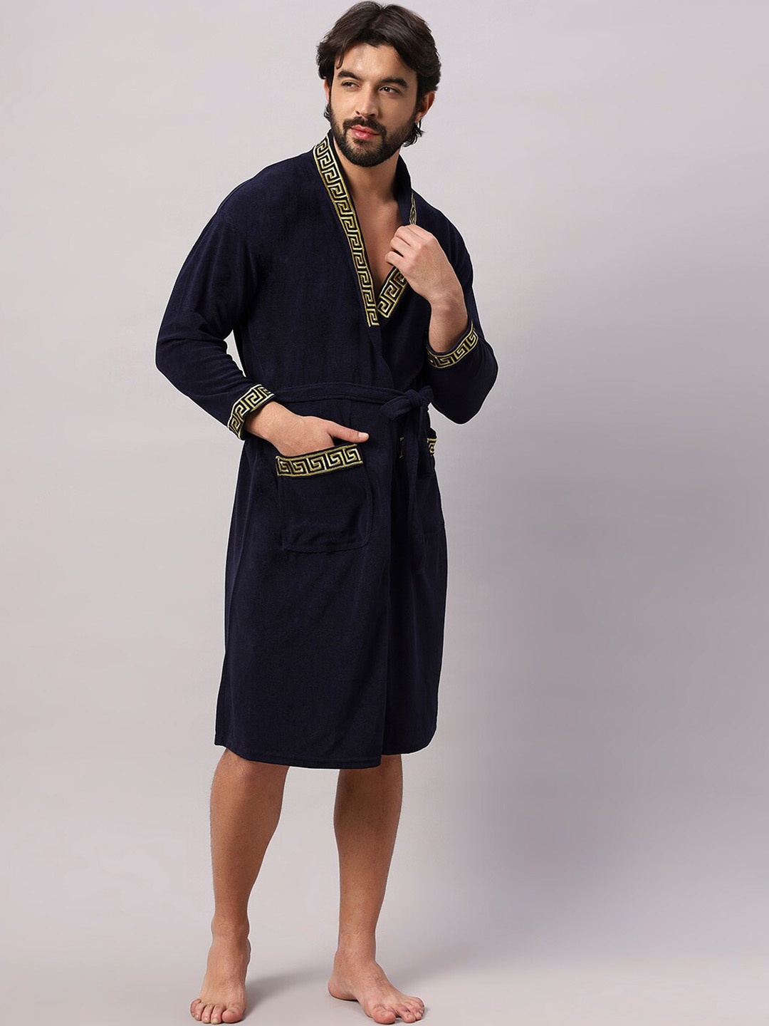 

HotGown Navy Blue & Gold Toned Embroidered Pure Micro Terry Bath Robe