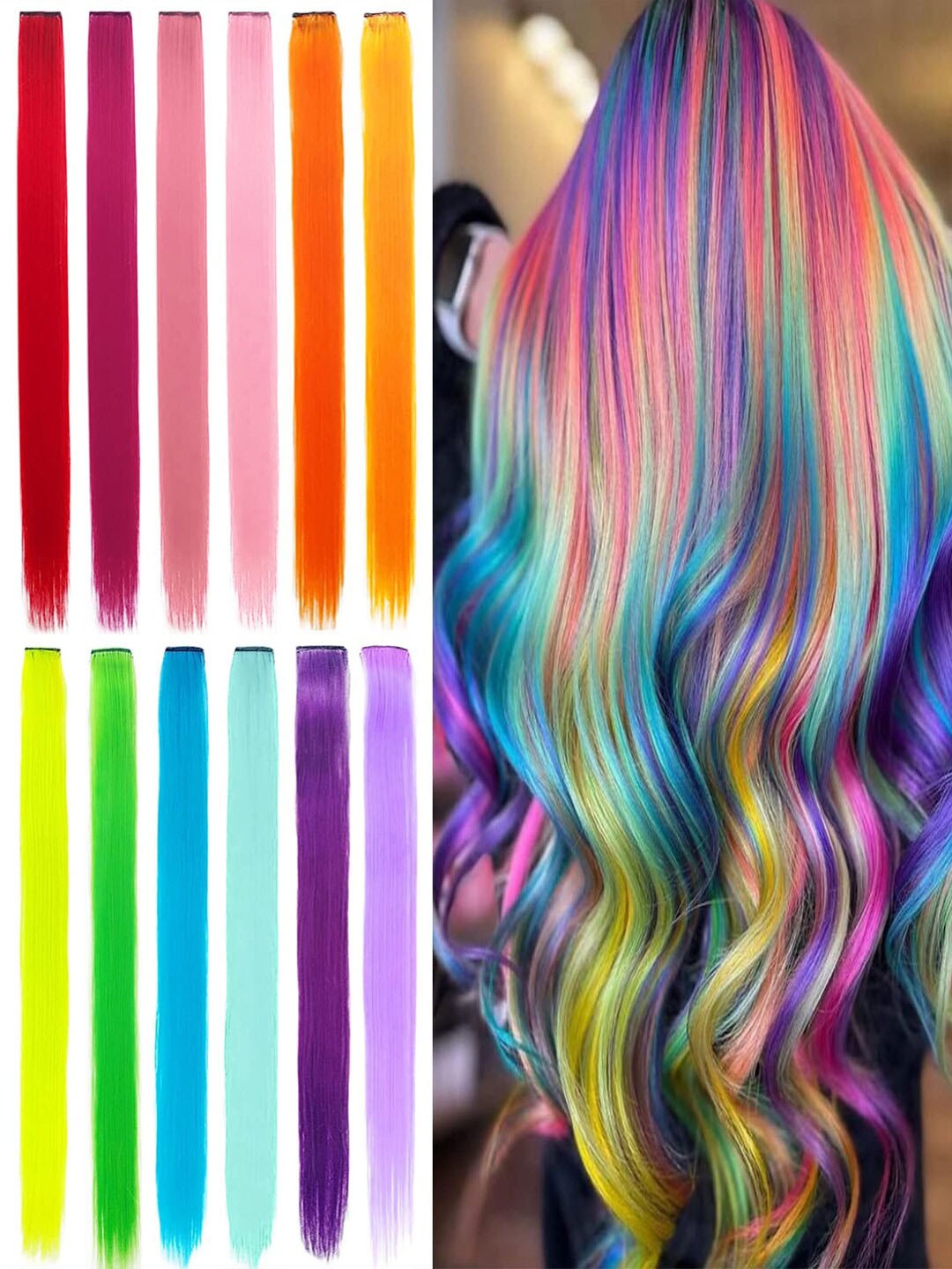 

VAGHBHATT 12-Pcs Clip In Colored Hair Extension, Multi