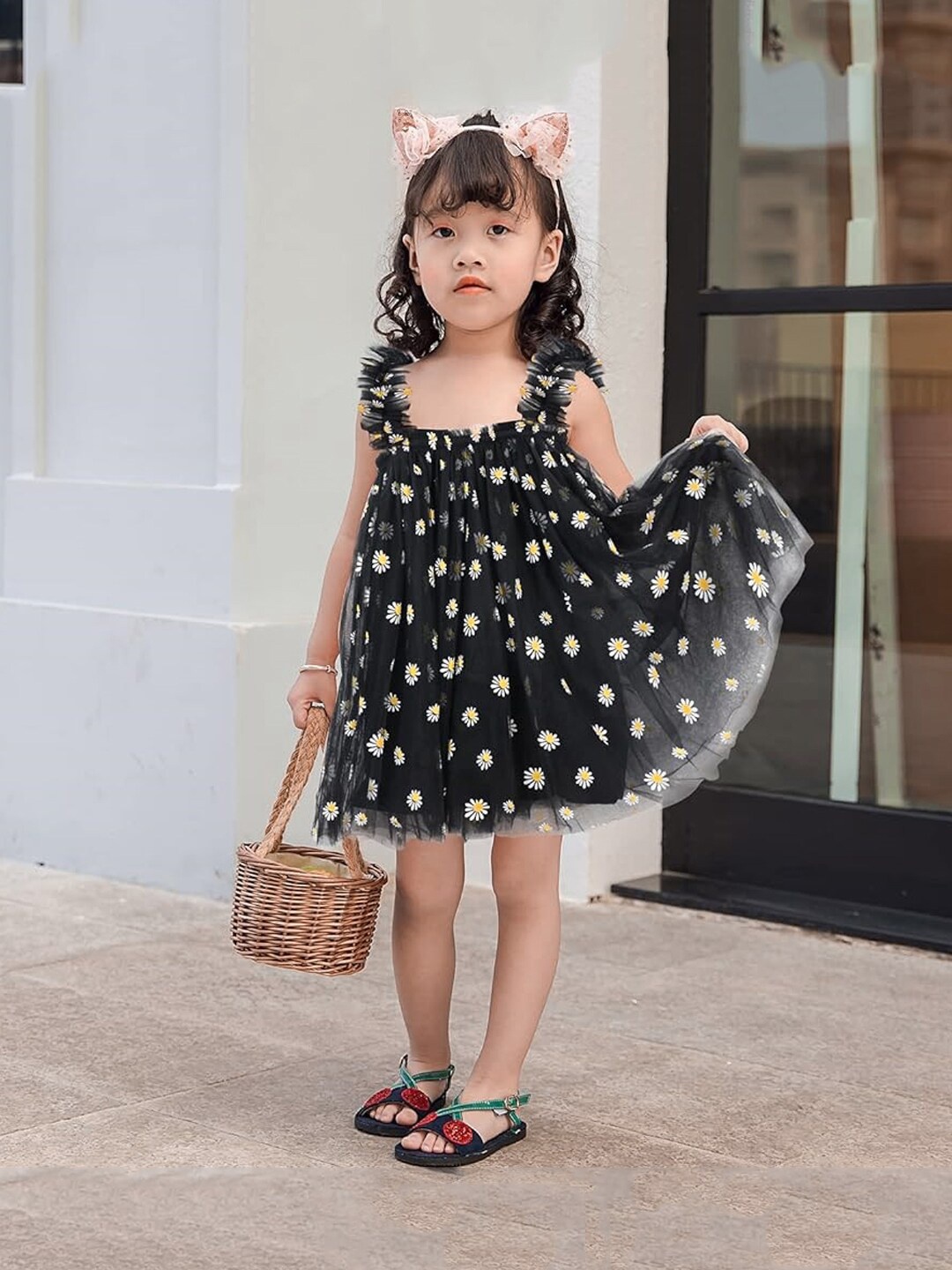 

BAESD Girls Floral Printed Sleeveless Ruffles Detail Net A-Line Dress, Black