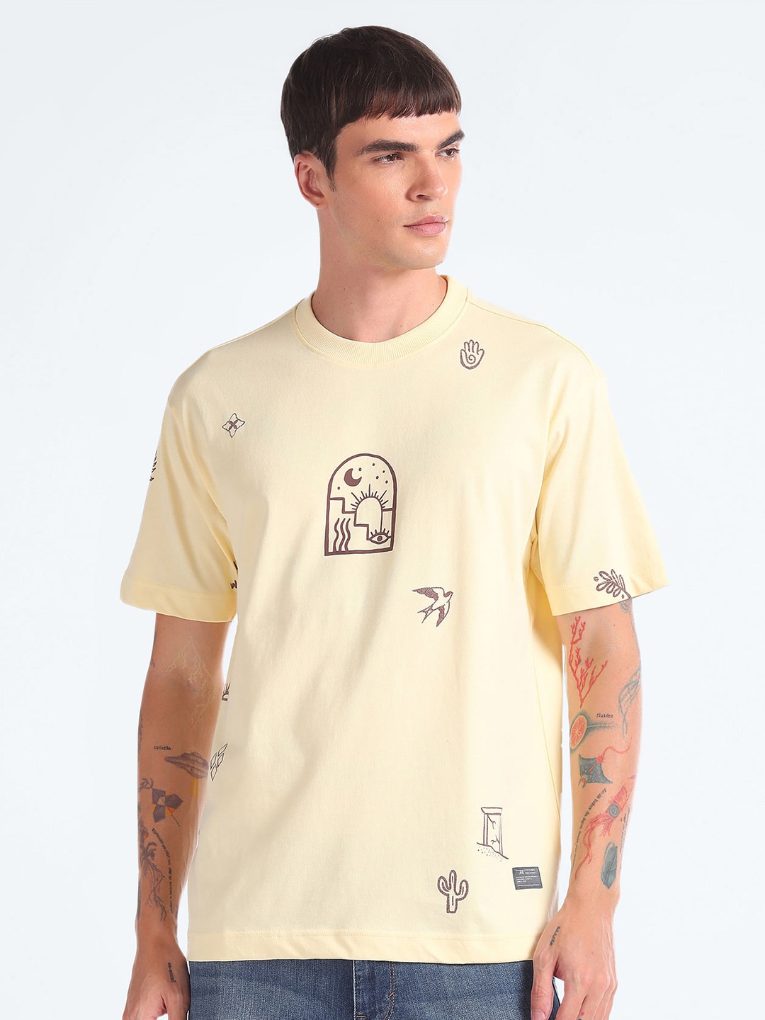 Flying Machine Graphic Printed Oversized Pure Cotton T-shirt, Yellow