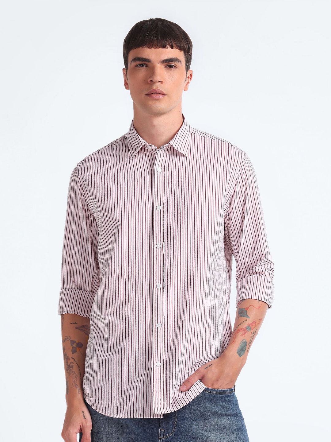 

Flying Machine Striped Printed Spread Collar Cotton Slim Fit Casual Shirt, Brown