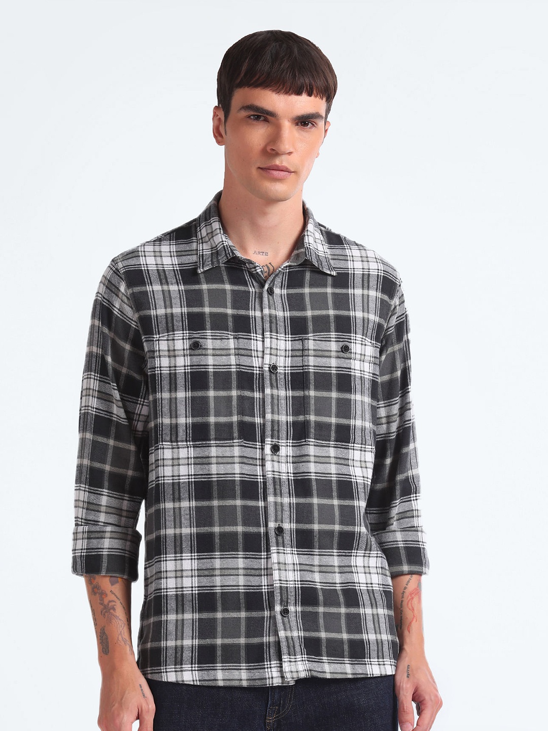 

Flying Machine Relaxed Tartan Checked Twill Spread Collar Casual Shirt, Grey