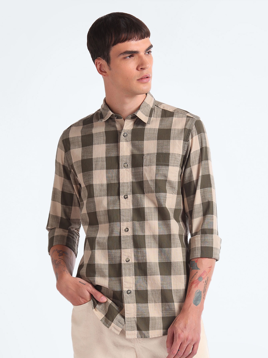

Flying Machine Slim Fit Checked Oxford Pure Cotton Casual Shirt, Brown