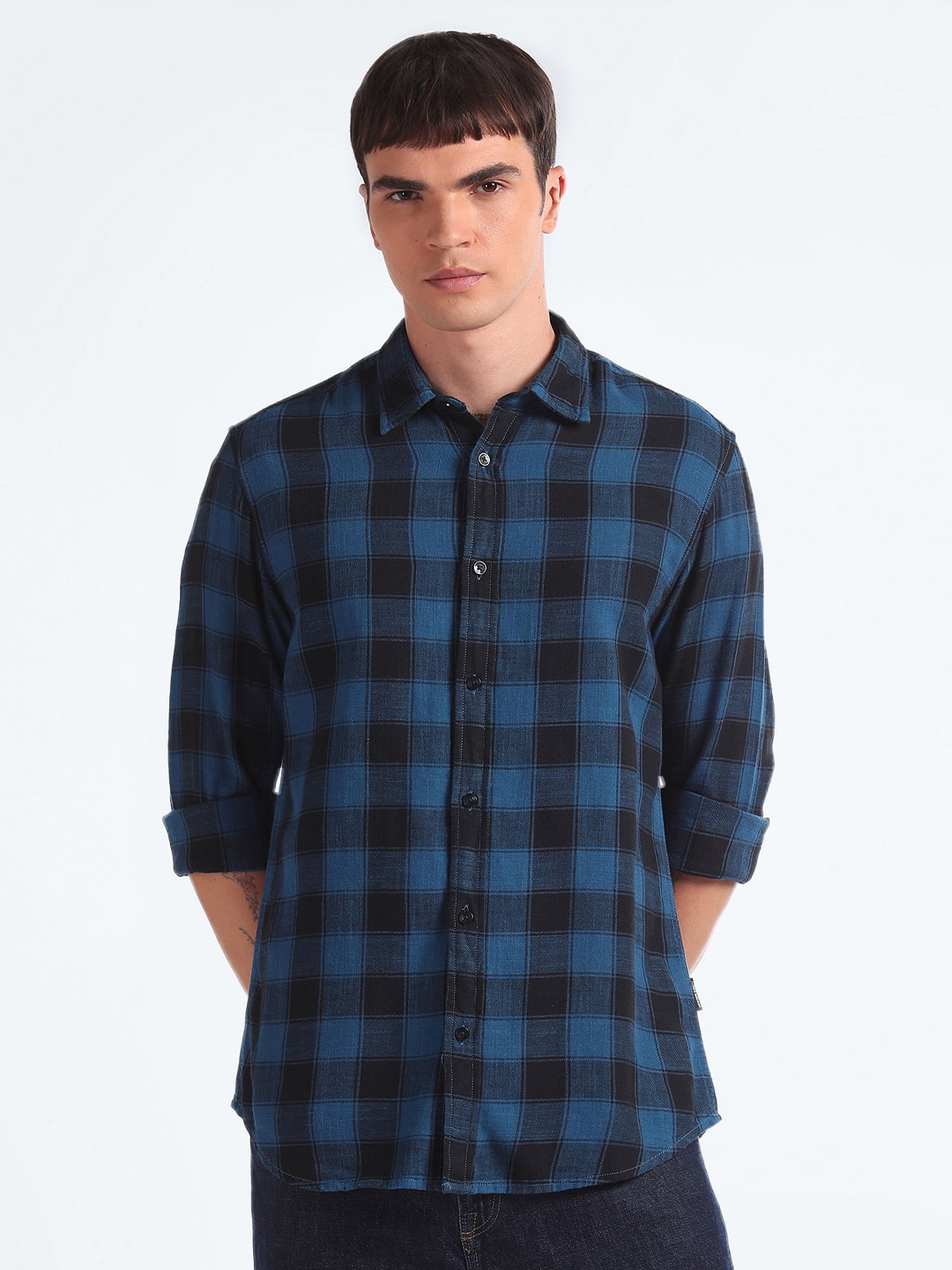 

Flying Machine Slim Fit Buffalo Checked Pure Cotton Twill Casual Shirt, Navy blue