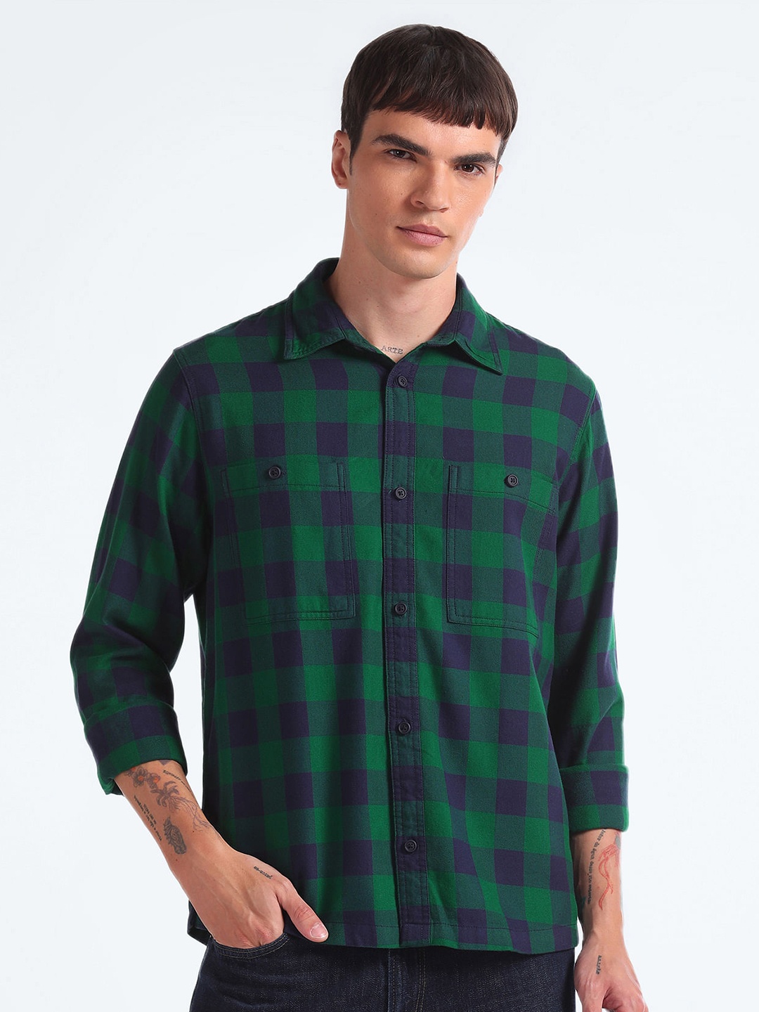 

Flying Machine Slim Fit Buffalo Checked Pure Cotton Twill Casual Shirt, Green