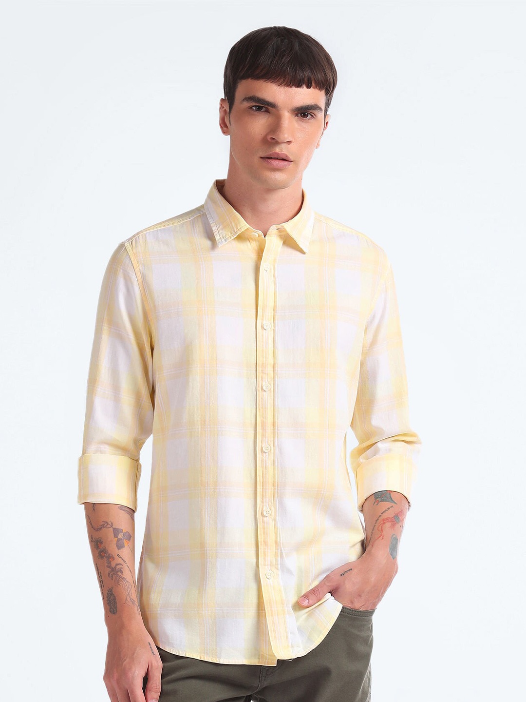 

Flying Machine Slim Fit Checked Twill Pure Cotton Casual Shirt, Yellow