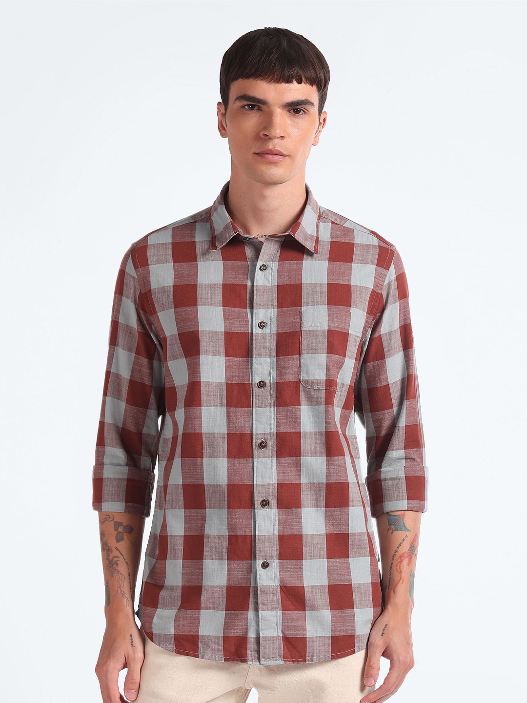 

Flying Machine Slim Fit Buffalo Checked Pure Cotton Oxford Casual Shirt, Brown