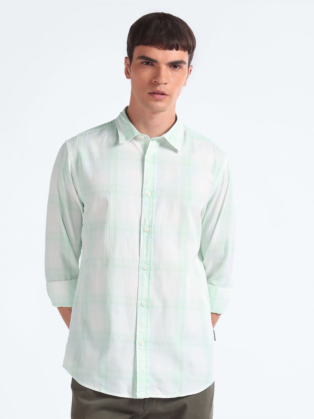 

Flying Machine Slim Fit Tartan Checked Pure Cotton Casual Shirt, Green