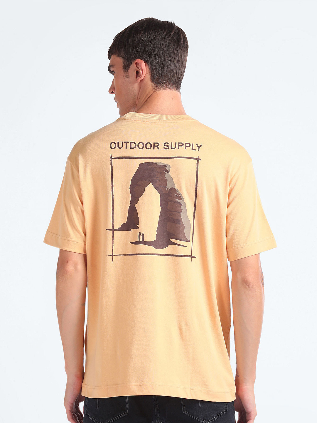 

Flying Machine Graphic Printed Oversized Pure Cotton T-shirt, Beige
