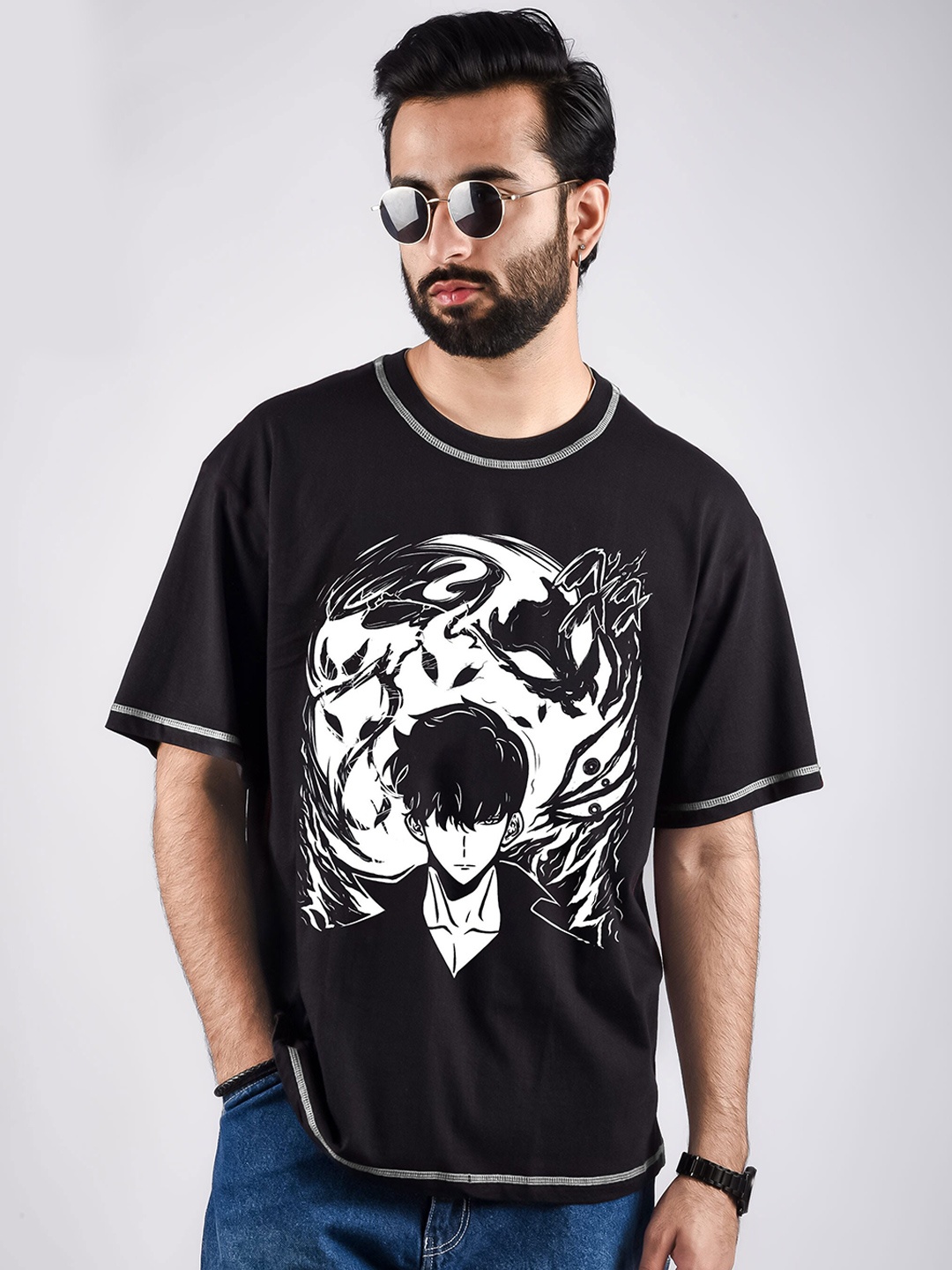 

COMICSENSE Solo Leveling Anime Arise Glow in Dark Printed Pure Cotton Oversize T-shirt, Black