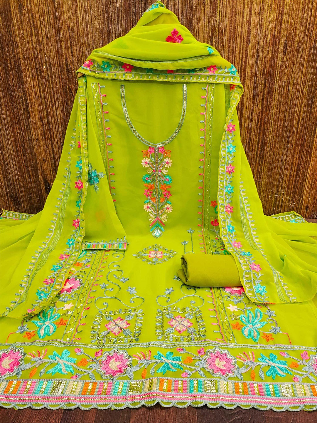 

KALINI Embroidered Unstitched Dress Material, Green