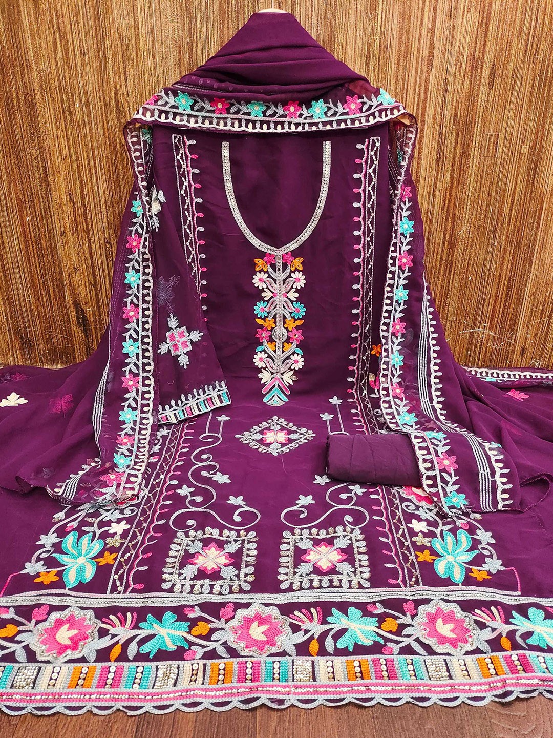 

KALINI Embroidered Unstitched Dress Material, Purple