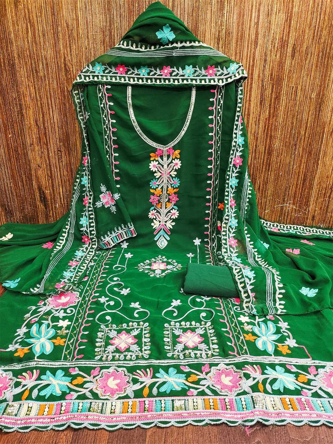 

KALINI Embroidered Unstitched Dress Material, Green