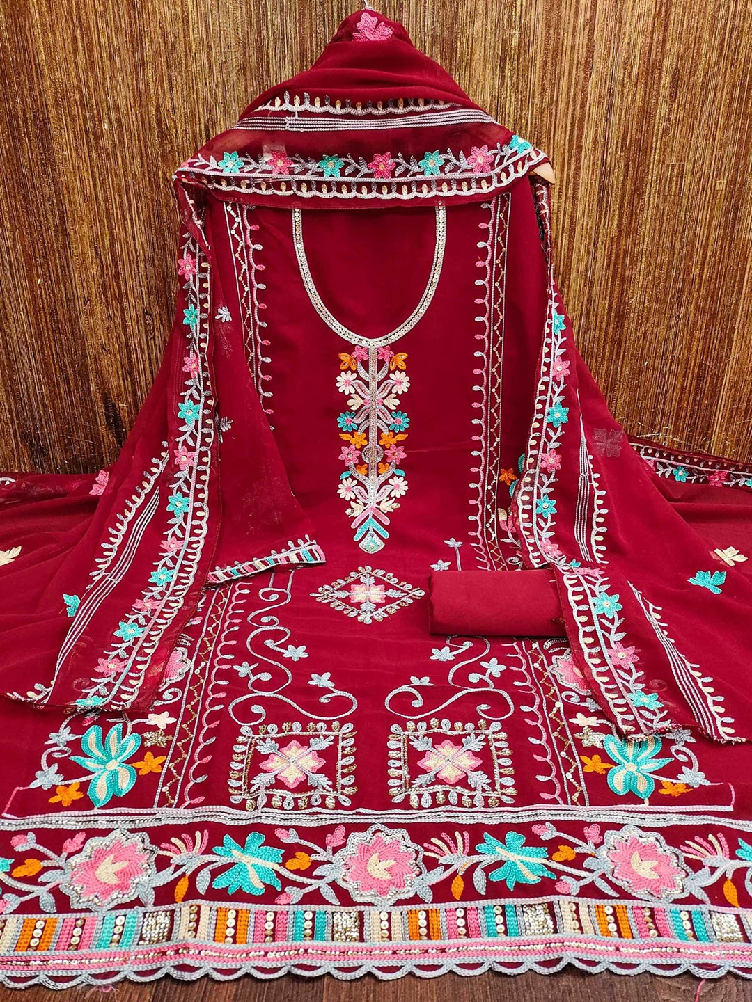 

KALINI Embroidered Unstitched Dress Material, Red