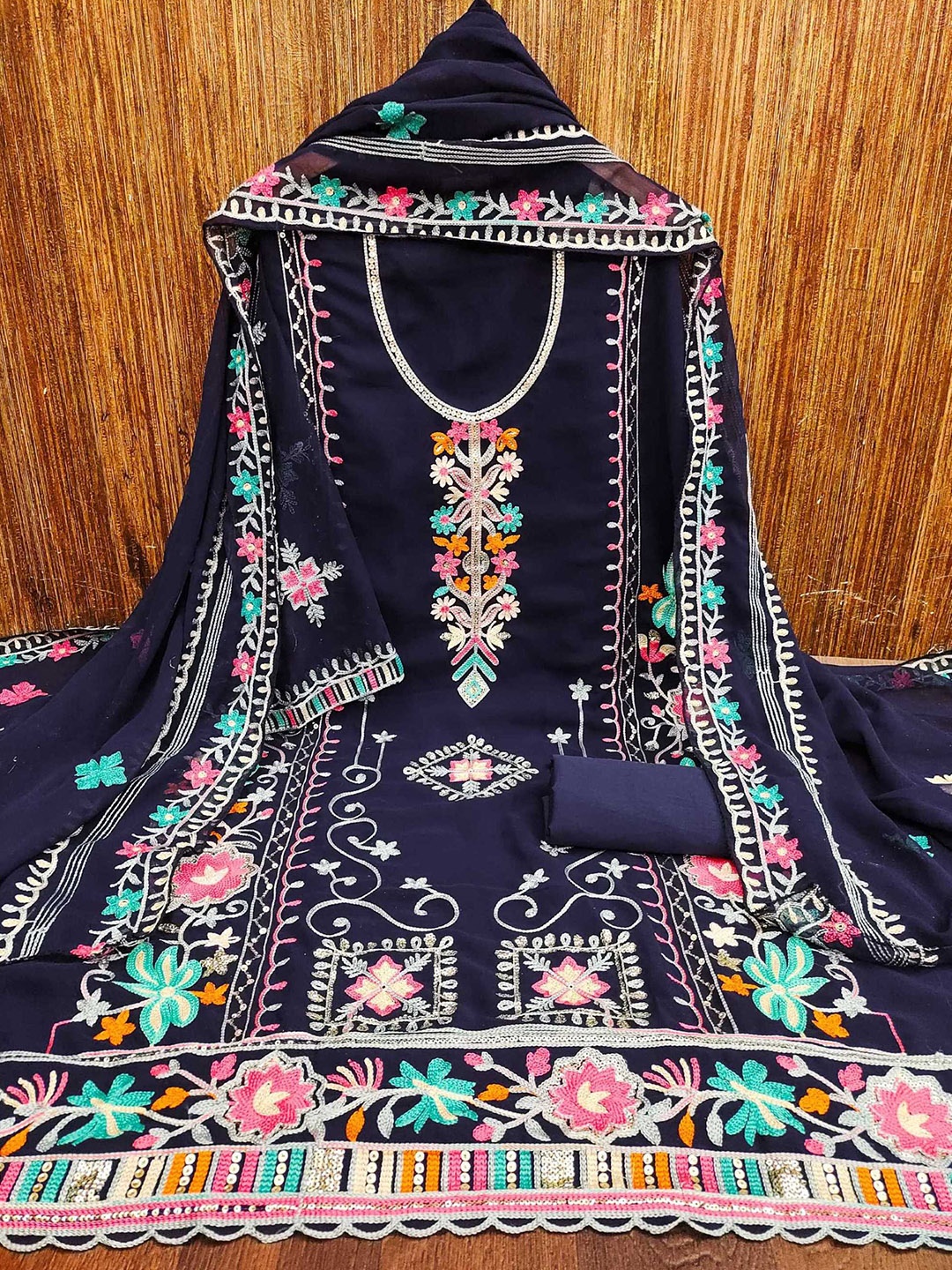

KALINI Embroidered Unstitched Dress Material, Navy blue