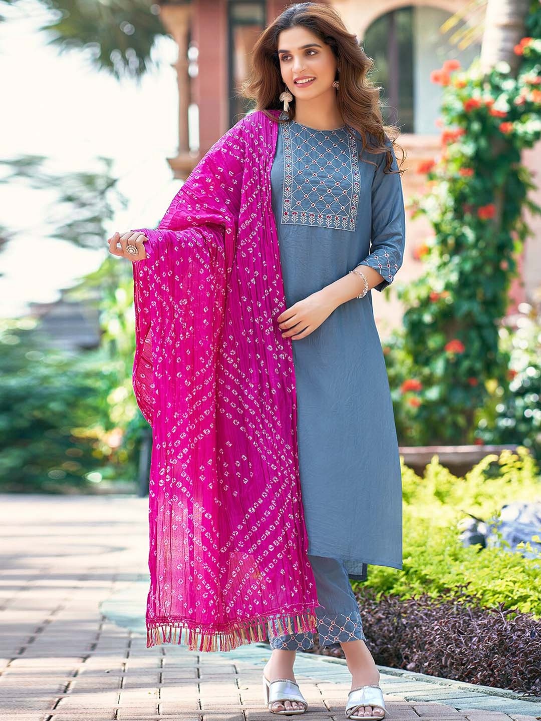 

KALINI Ethnic Motifs Yoke Design Kurta With Trousers & Dupatta, Blue