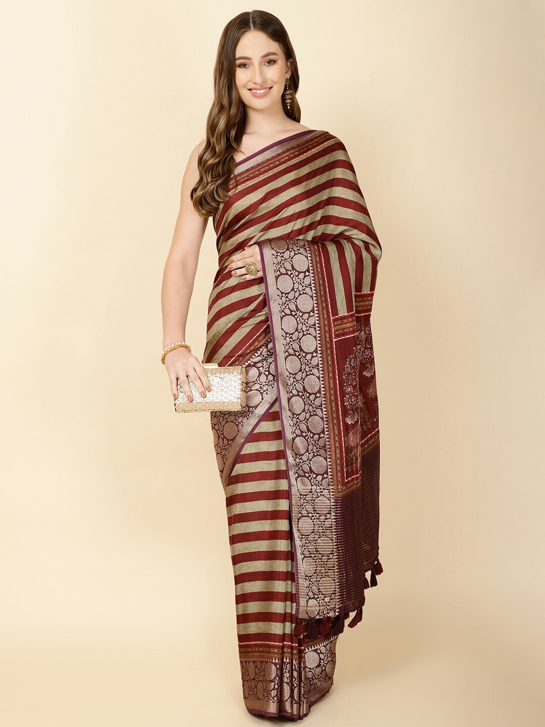 

Meena Bazaar Striped Zari Saree, Maroon