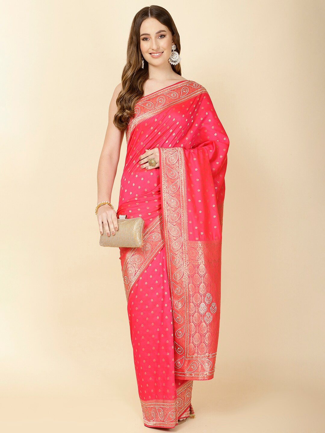 

Meena Bazaar Ethnic Motifs Woven Design Zari Banarasi Saree, Pink