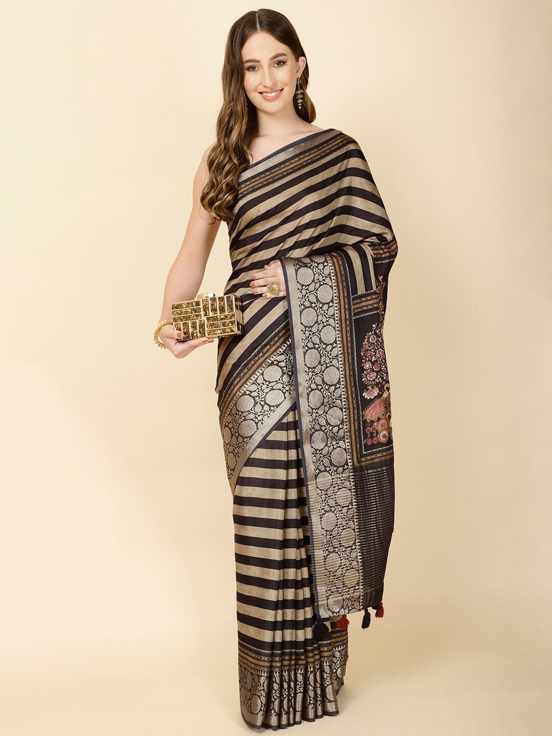 

Meena Bazaar Striped Printed Zari Saree, Black