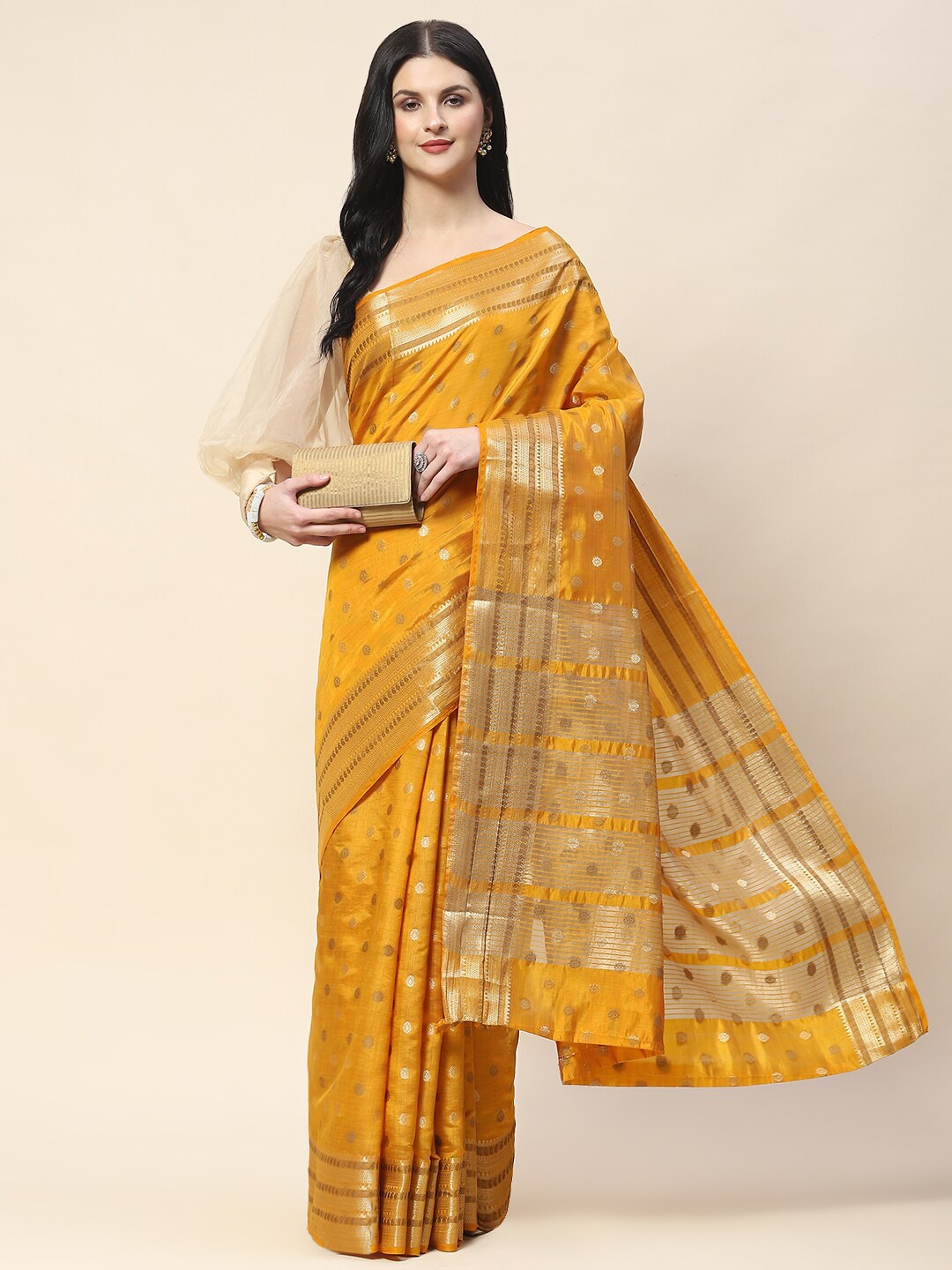 

Meena Bazaar Ethnic Motifs Woven Design Zari Saree, Yellow