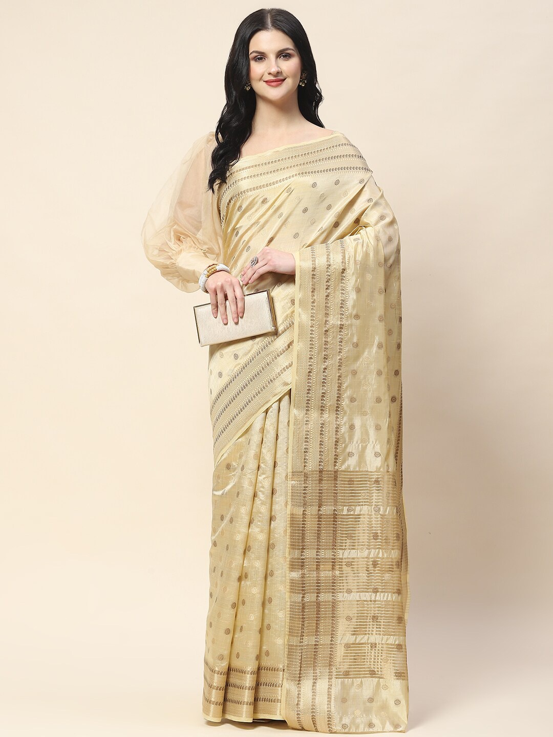 

Meena Bazaar Ethnic Motifs Woven Design Zari Saree, Beige