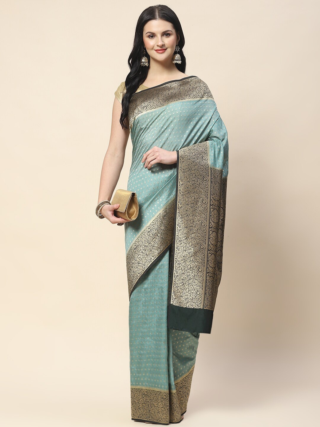 

Meena Bazaar Ethnic Motifs Woven Design Zari Saree, Green