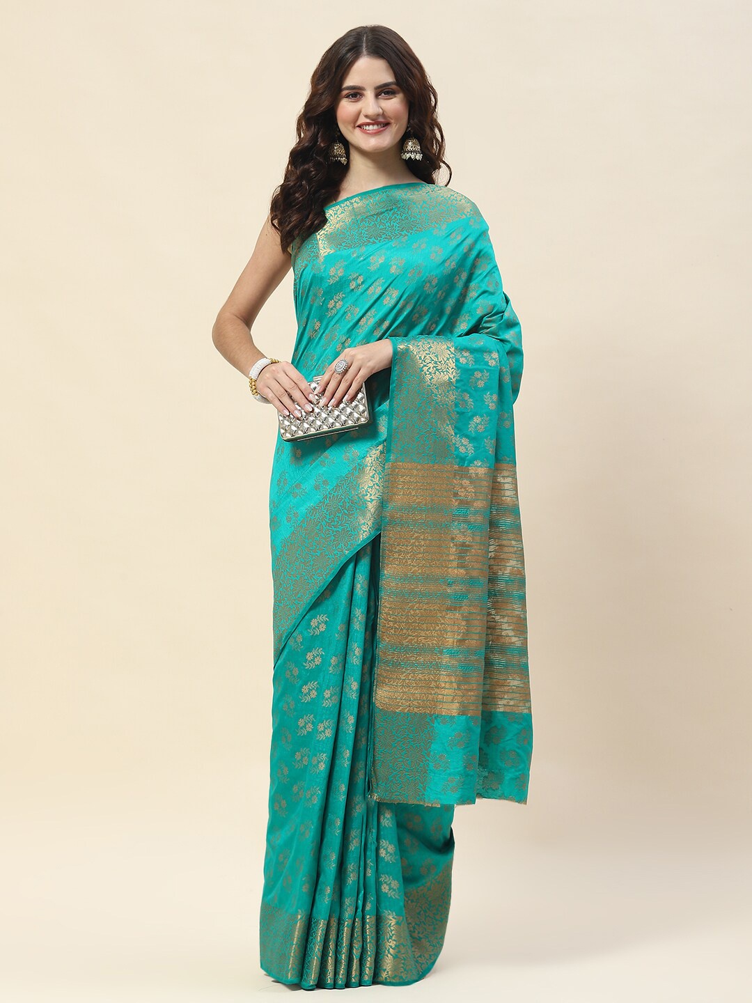 

Meena Bazaar Ethnic Motifs Woven Design Zari Saree, Green