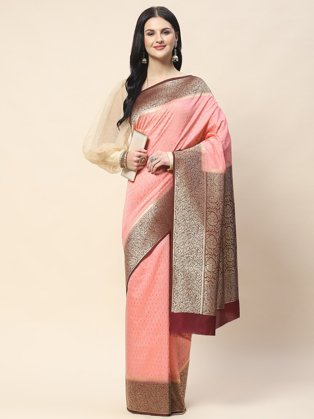 

Meena Bazaar Ethnic Motifs Woven Design Zari Saree, Peach
