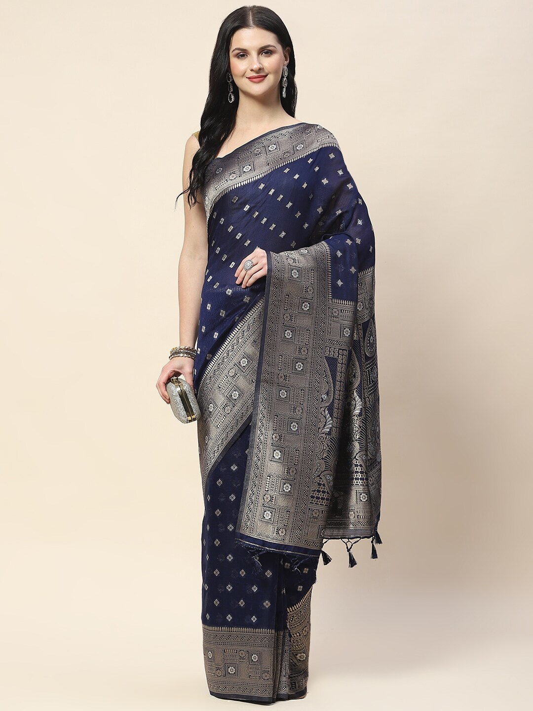 

Meena Bazaar Ethnic Motifs Woven Design Zari Saree, Navy blue