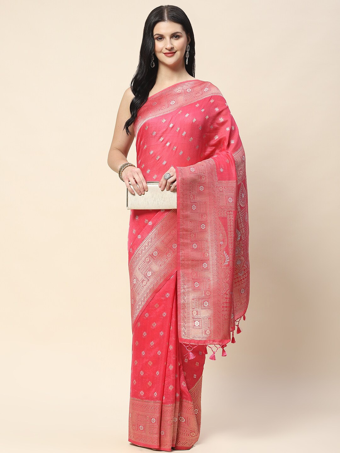 

Meena Bazaar Ethnic Motifs Woven Design Zari Saree, Pink