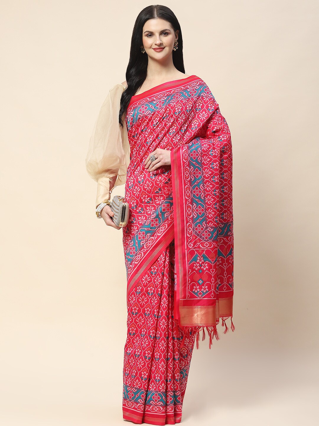

Meena Bazaar Ethnic Motifs Woven Design Zari Saree, Pink