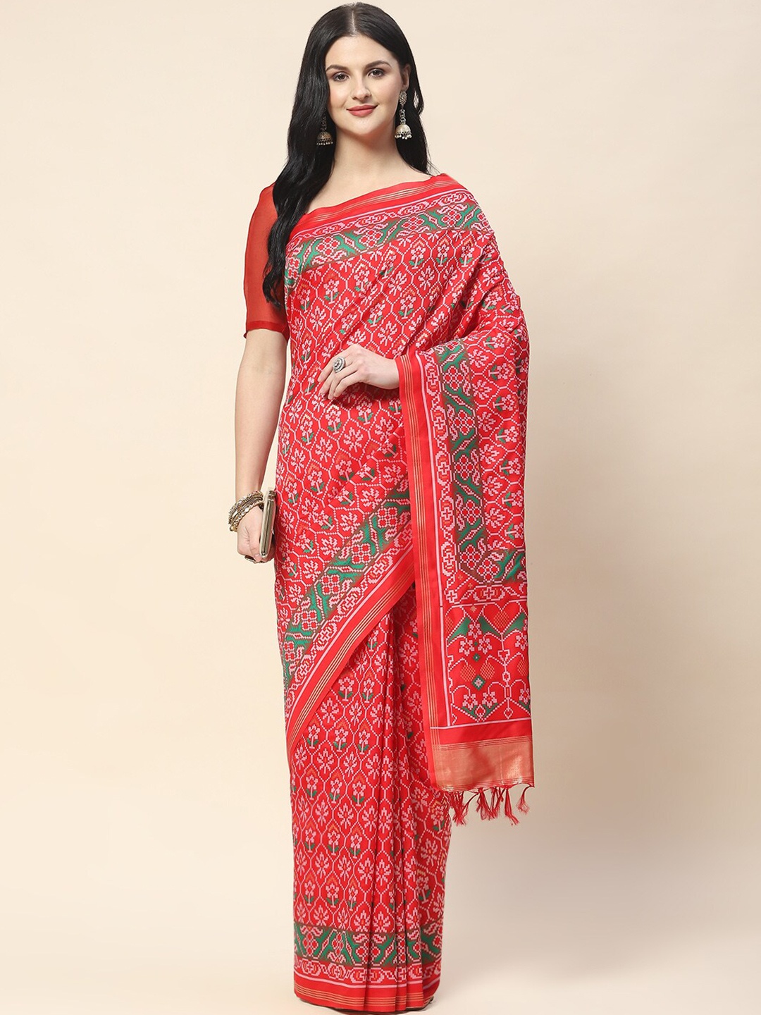 

Meena Bazaar Ethnic Motifs Woven Design Zari Saree, Red