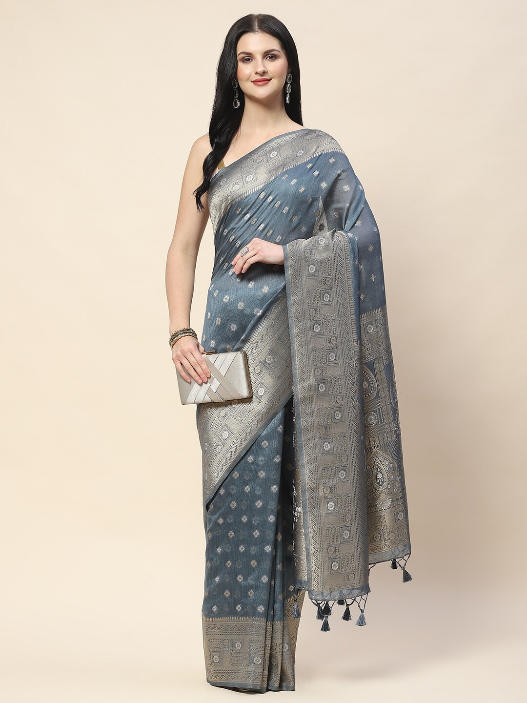 

Meena Bazaar Ethnic Motifs Woven Design Zari Saree, Grey