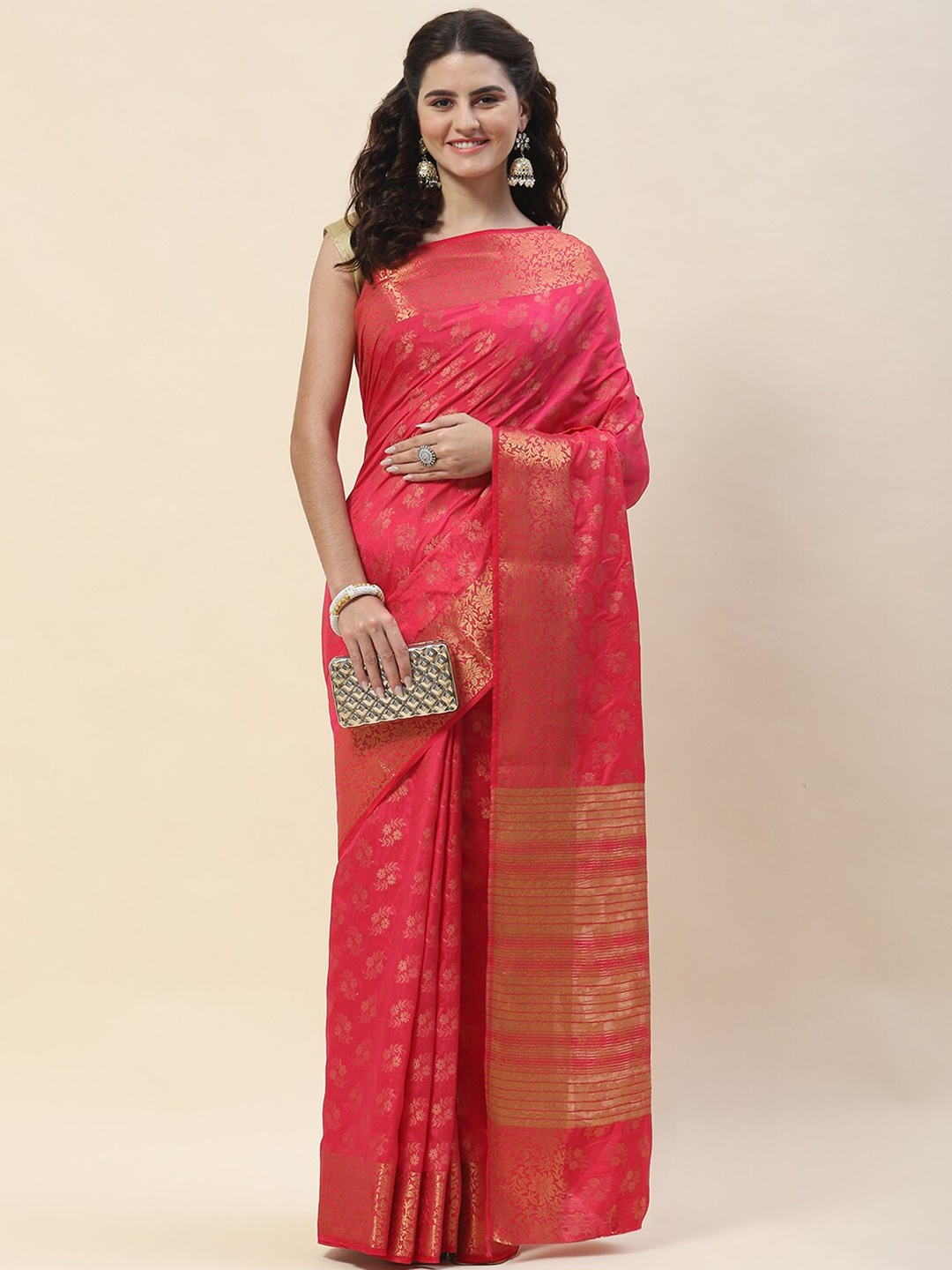 

Meena Bazaar Ethnic Motifs Woven Design Zari Saree, Pink