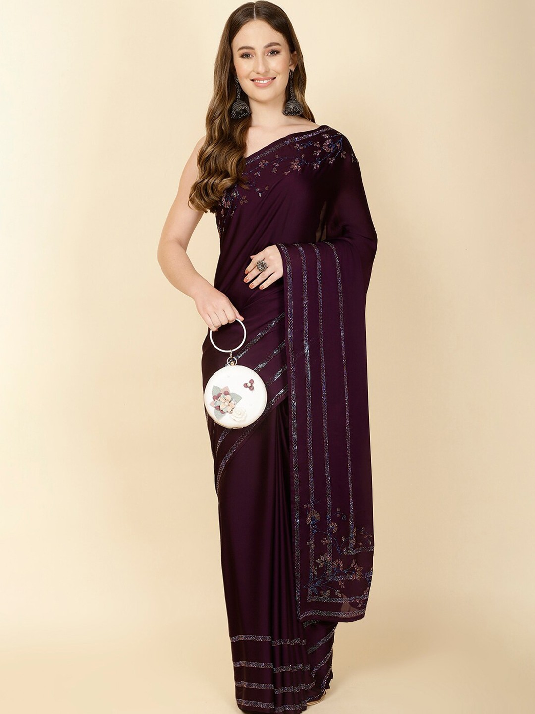 

Meena Bazaar Floral Embroidered Embellished Saree, Purple