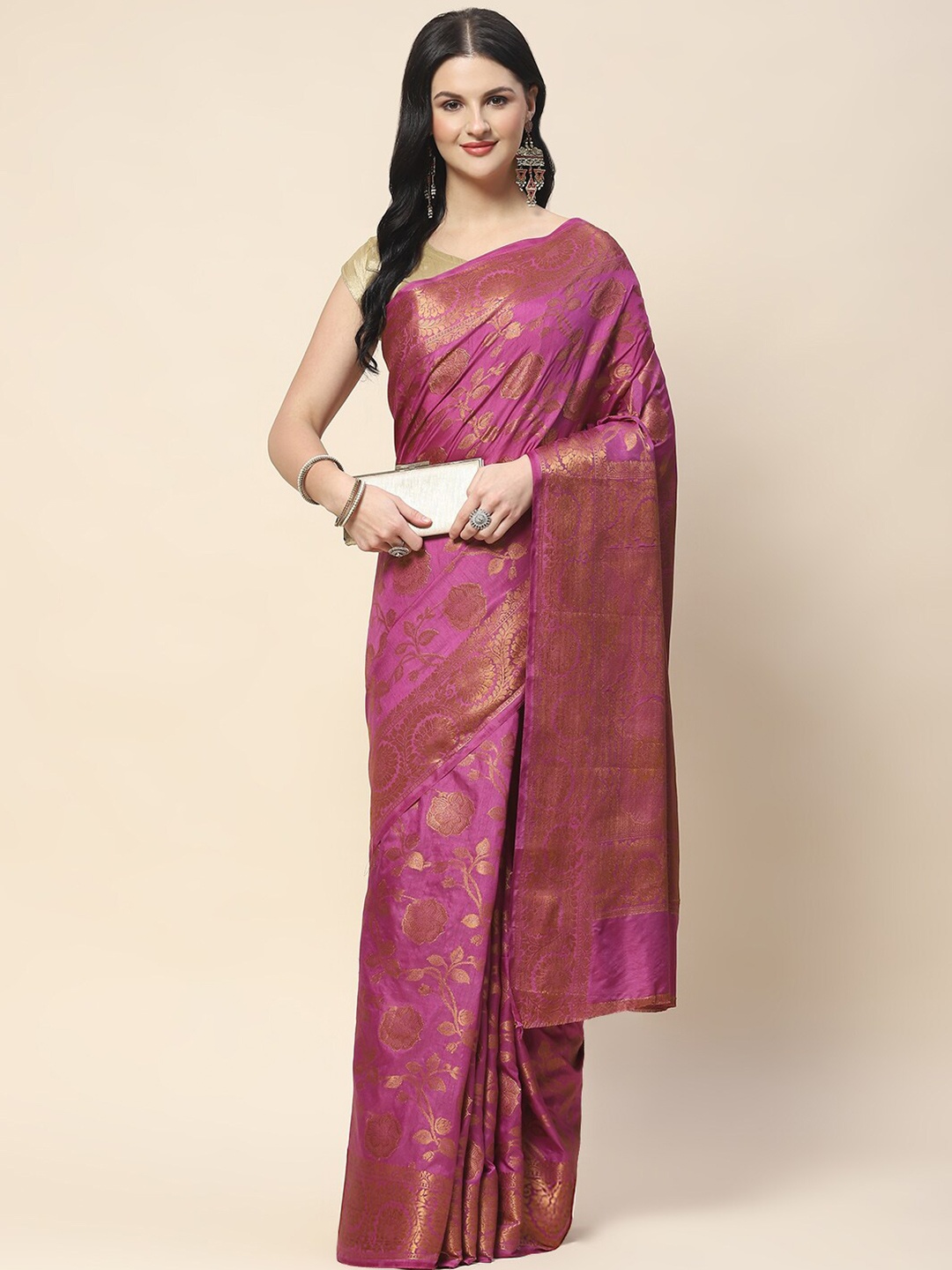 

Meena Bazaar Floral Woven Design Zari Saree, Lavender